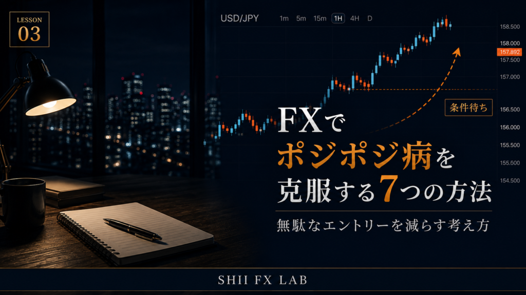 FXでポジポジ病を克服する方法を解説するアイキャッチ。無駄なエントリーを減らし、ルールを守る重要性を表現したデザイン。