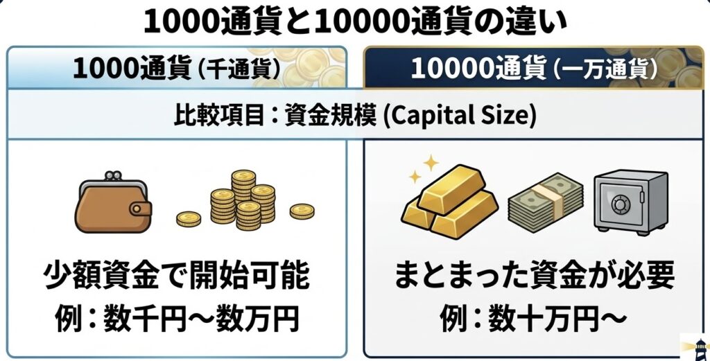 「1,000通貨」と「10,000通貨」の取引の違いを、ブログのアイキャッチ